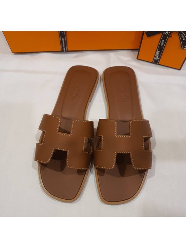 Oran Calfskin Slippers Gold Piqures Ecrues - HERMES - BALAAN 3