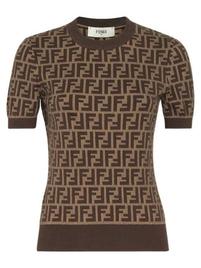 FF Cotton Crew Neck Short-Sleeved Knit Top Brown - FENDI - BALAAN 2