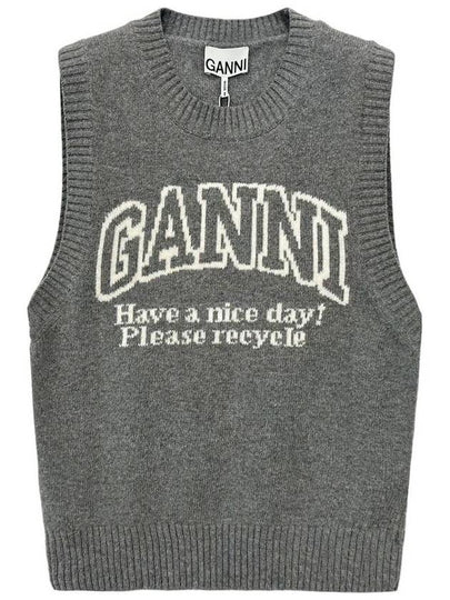 Logo Graphic Crew Neck Wool Knit Vest Grey - GANNI - BALAAN 2