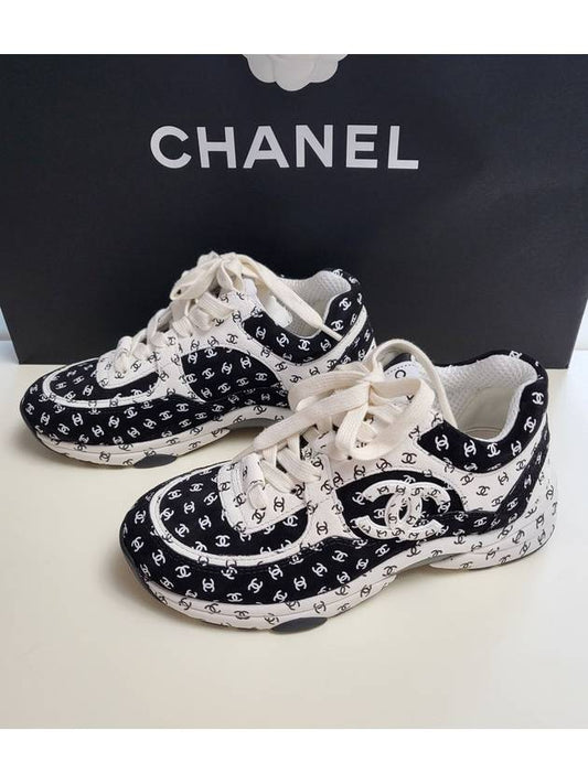 All Over CC Logo Print Suede Low Top Sneakers Black White - CHANEL - BALAAN.