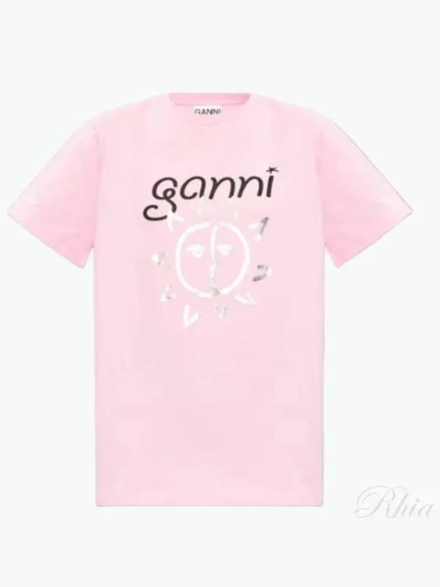 Logo Print Organic Cotton Short Sleeve T-Shirt Pink - GANNI - BALAAN 2