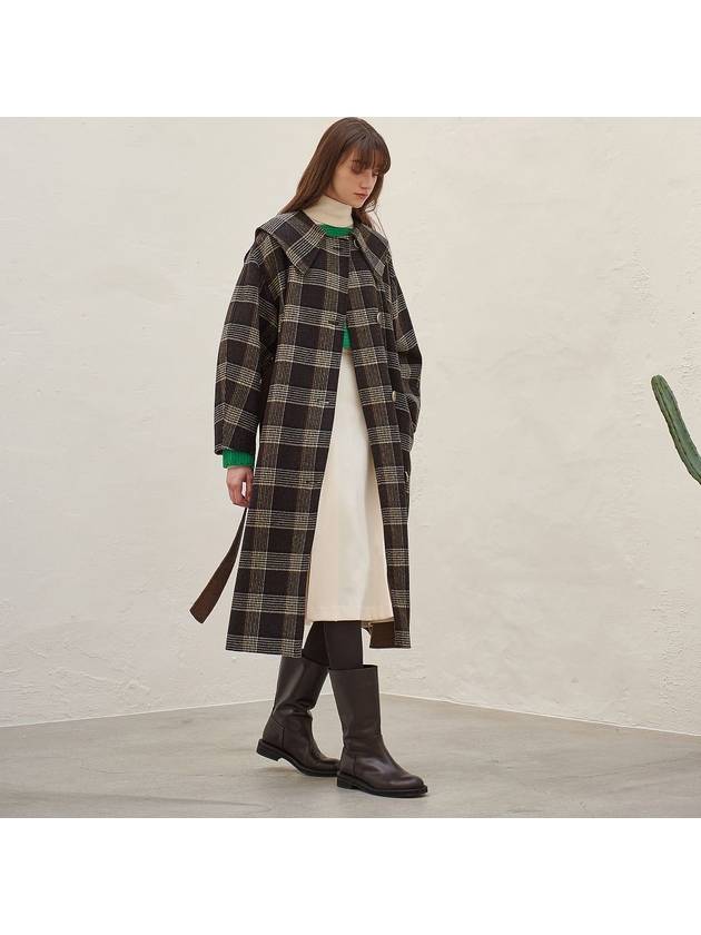 Women's Sailor Collar Handmade Oversized Coat Brown Check - MITTE - BALAAN 6