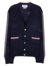 Men's Navy Side Intarsia Milano Stitch Wool Cardigan - THOM BROWNE - BALAAN.