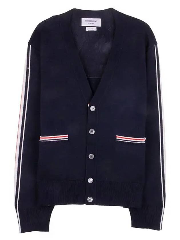 Men's Navy Side Intarsia Milano Stitch Wool Cardigan Navy - THOM BROWNE - BALAAN 4