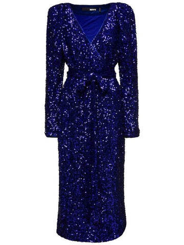 Long Blue Wrap Dress With All-Over Sequins In Stretch Polyester Woman Rotate - ROTATE - BALAAN 1