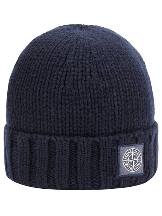 Logo Patch Knit Beanie Navy - STONE ISLAND - BALAAN.