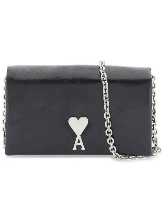 Heart Logo Plaque Leather Chain Long Wallet Black - AMI - BALAAN 2