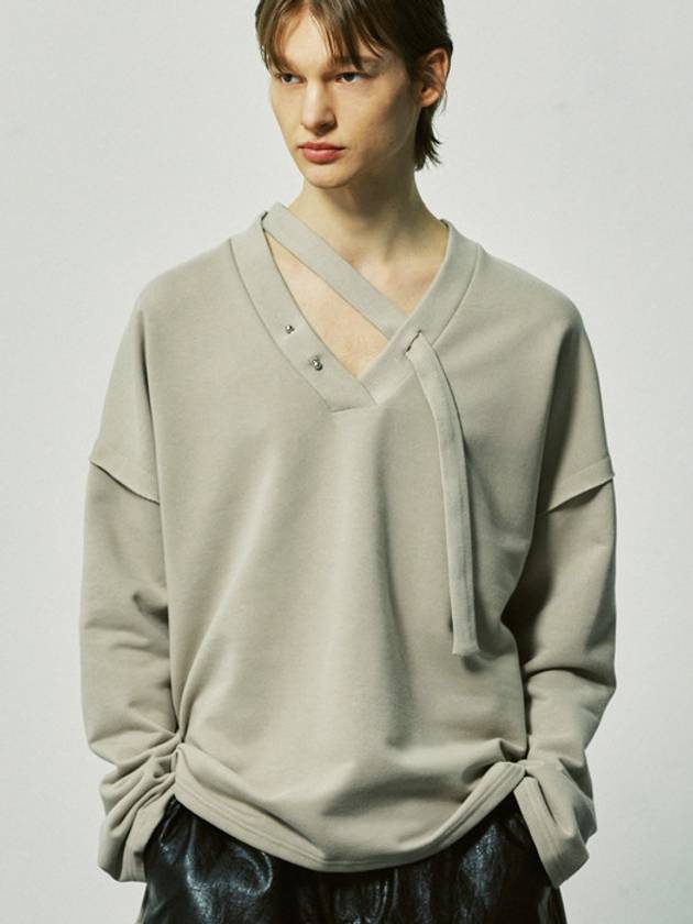 V-Neck Layered String Pierced Sweatshirt Mocha - S SY - BALAAN 4