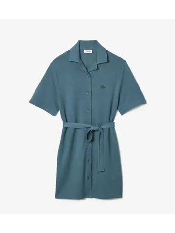 Women s Linen Blend Open Collar Shirt Dress Turkey Green - LACOSTE - BALAAN 1