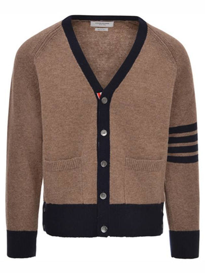 V-Neck 4-Bar Wool Cardigan Brown - THOM BROWNE - BALAAN 2