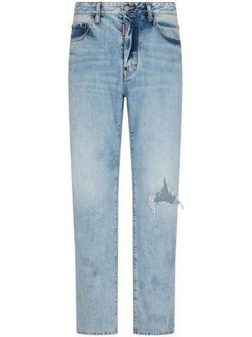 Distressed Straight Jeans Light Blue - DSQUARED2 - BALAAN 1