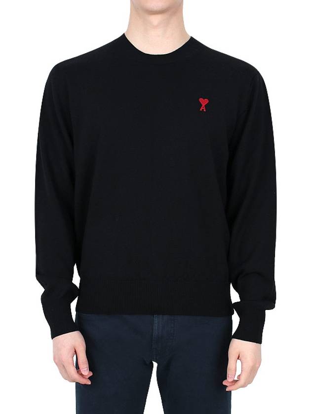 Heart Embroidered Logo Crew Neck Knit Top Black - AMI - BALAAN 2