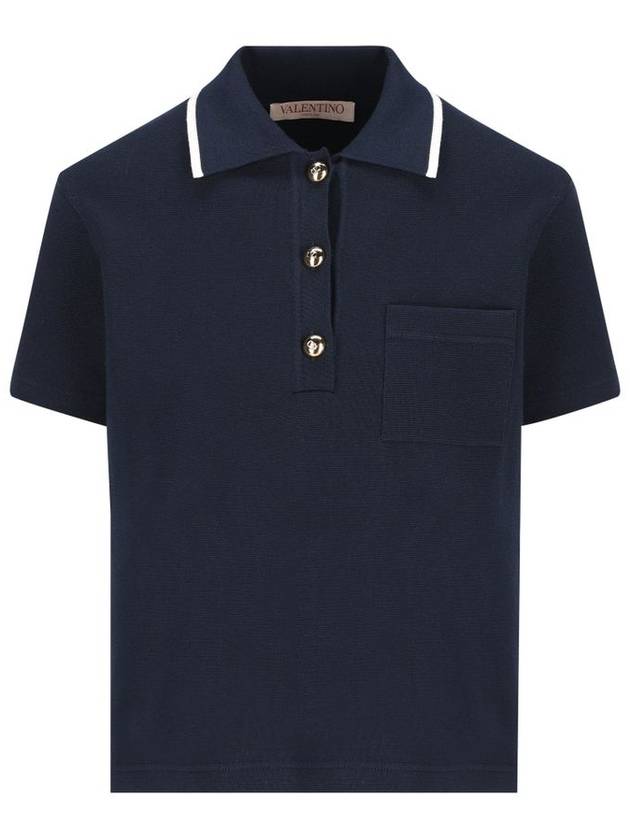 Button Details Short Sleeve Polo Shirt Navy - VALENTINO - BALAAN 2