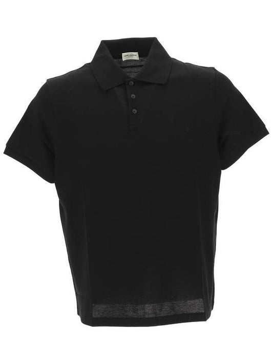 Men's Monogram Cotton Short Sleeve Polo Shirt Black - SAINT LAURENT - BALAAN.