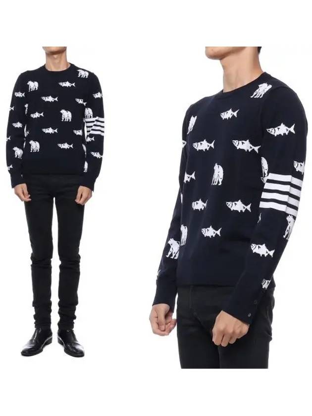 Men's Diagonal Bear Salmon Half Drop Wool Knit Top Navy - THOM BROWNE - BALAAN 2