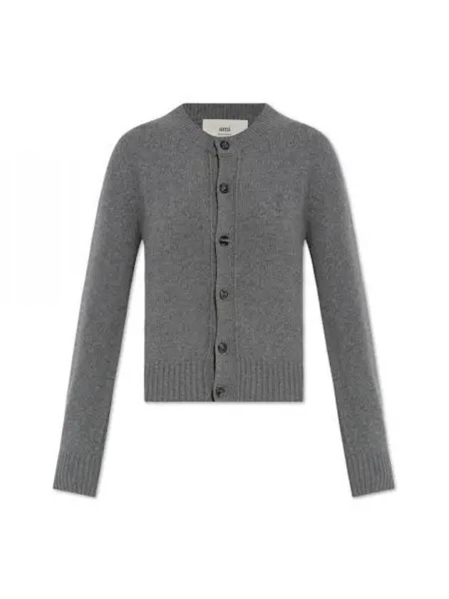 Logo Cashmere Wool Cardigan Grey - AMI - BALAAN 2