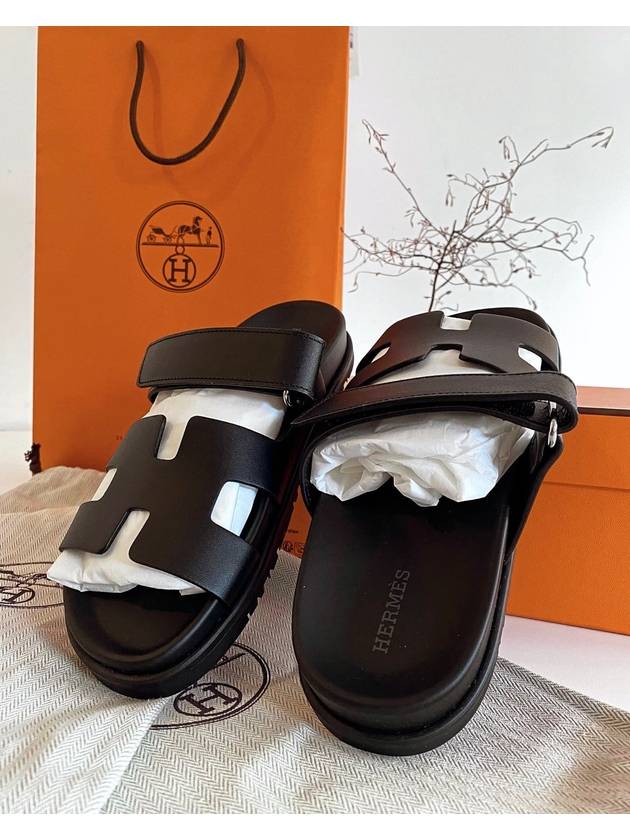 Hermes Chypre H Logo Calfskin Sandals Black - HERMES - BALAAN 5