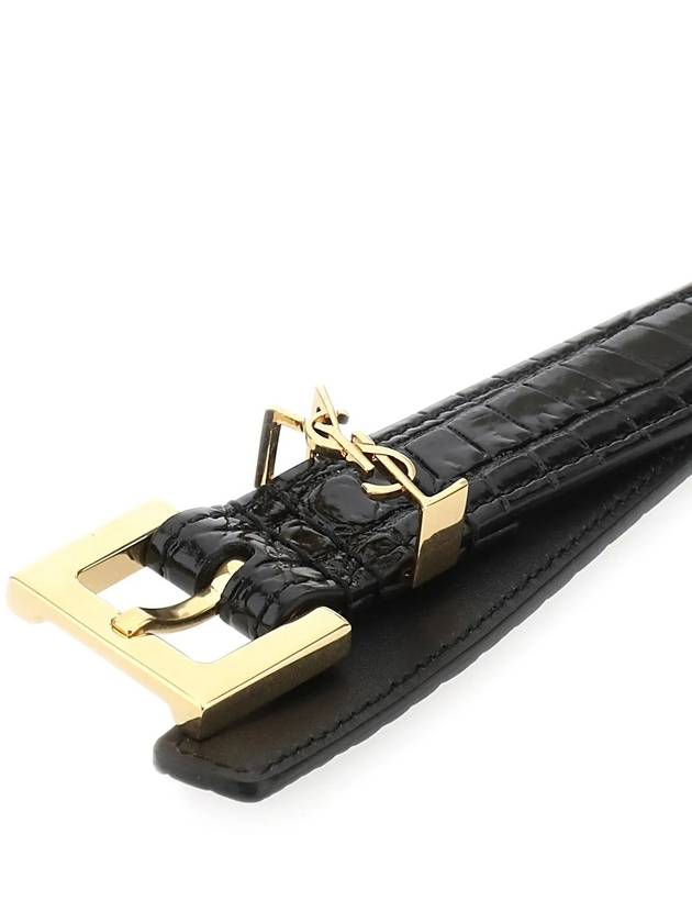 Monogram Square Buckle Crocadile Embossed Thin Leather Belt Black - SAINT LAURENT - BALAAN.