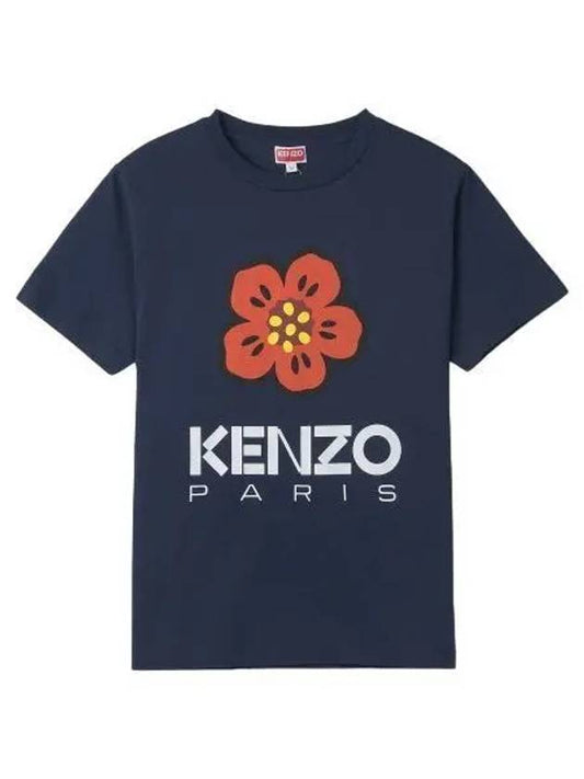 Flower Logo Short Sleeve T Shirt Navy Tee - KENZO - BALAAN 1