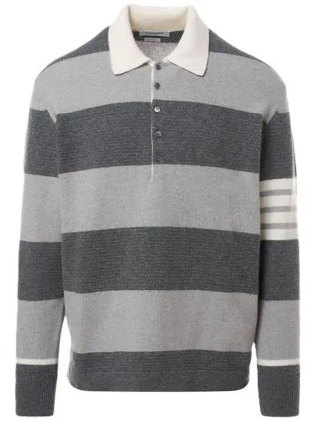 Rugby Striped Merino 4-Bar Long Sleeve Polo Shirt Grey - THOM BROWNE - BALAAN 2