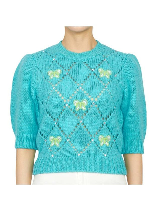 Women's Butterfly Embroidered Knit Top Blue - ALESSANDRA RICH - BALAAN 1