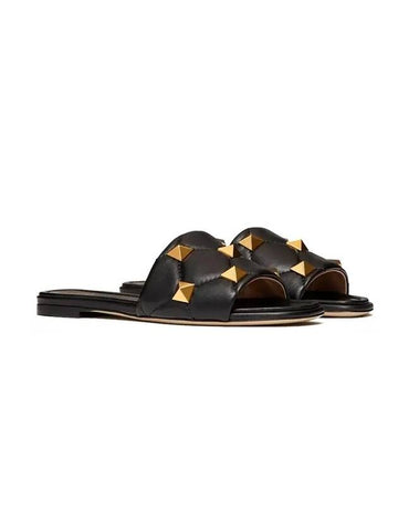 Roman Stud Quilted Leather Slippers Black - VALENTINO - BALAAN 1