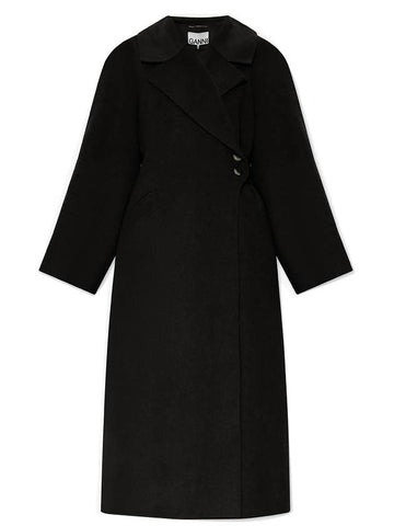 Wool Long Single Coat Black - GANNI - BALAAN 1