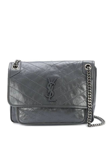 Nikki Medium Krinkle Vintage Leather Shoulder Bag Grey - SAINT LAURENT - BALAAN 1