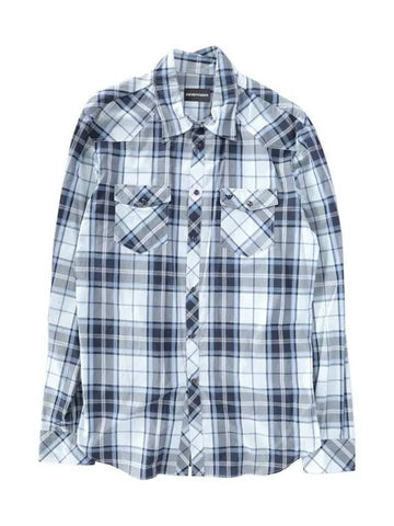 12th Anniversary Logo Embroidered Check Shirt Blue H1CV4T - EMPORIO ARMANI - BALAAN 1