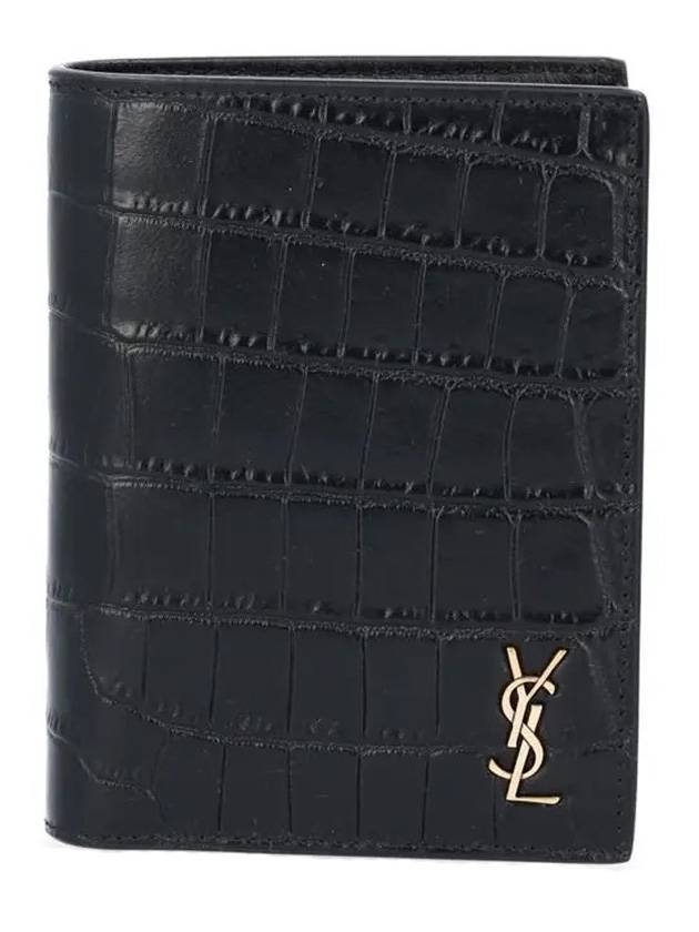 Crocodile Embossed Tiny Cassandre Monogram Half Wallet Black - SAINT LAURENT - BALAAN 1