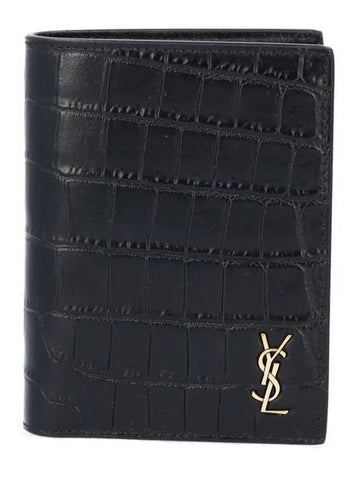 Crocodile Embossed Tiny Cassandre Monogram Half Wallet Black - SAINT LAURENT - BALAAN 1