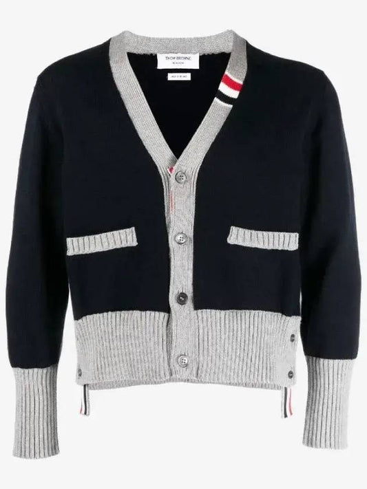 Three Stripe V Neck Cotton Cardigan Navy - THOM BROWNE - BALAAN 2