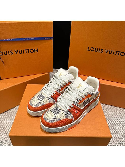 Men's LV Trainer Sneakers Calfskin Damier Orange - LOUIS VUITTON - BALAAN 1