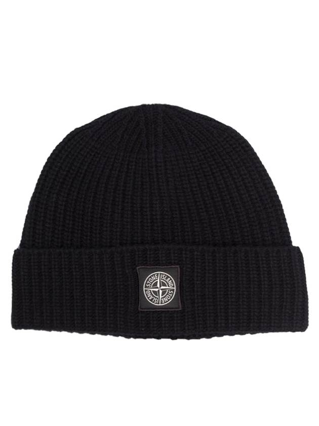 Logo Patch Rib Wool Beanie Black - STONE ISLAND - BALAAN 2