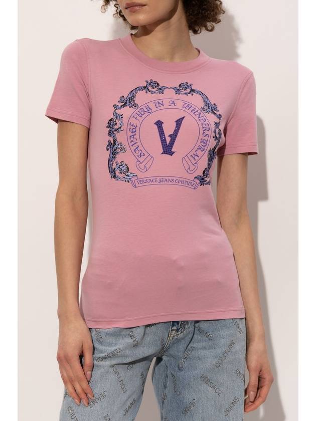 Versace Jeans Couture T-shirt With Print And Shimmering Appliqués, Women's, Pink - VERSACE - BALAAN 3