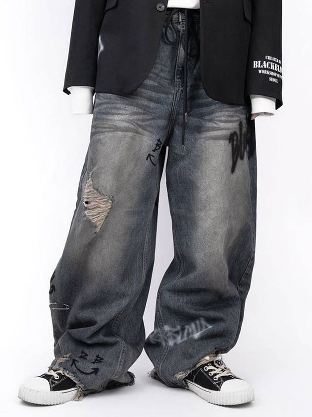 BBD Multiple Smile Graffiti Logo Vintage Denim Pants Blue - BLACKBLOND - BALAAN 1