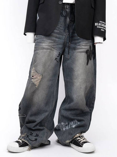 Multiple Smile Graffiti Logo Vintage Denim Pants Vintage Blue - BLACKBLOND - BALAAN 1