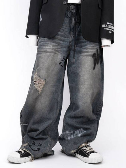 Multiple Smile Graffiti Logo Vintage Denim Pants Vintage Blue - BLACKBLOND - BALAAN 2