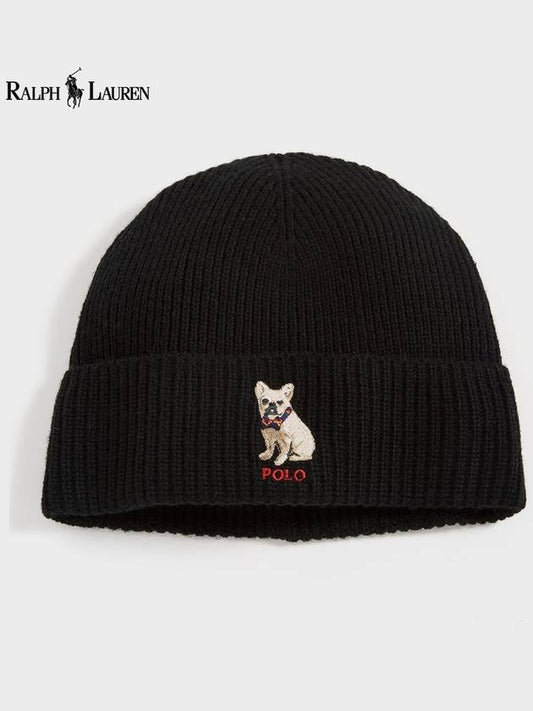 French Bulldog Embroidered Wool Beanie Black - POLO RALPH LAUREN - BALAAN.