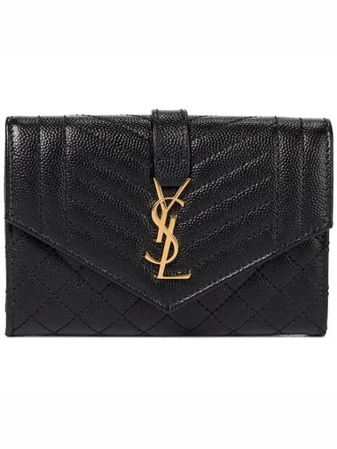 YSL Monogram Gold Tone Logo Envelope Quilted Leather Fold Card Holder Wallet - SAINT LAURENT - BALAAN 1