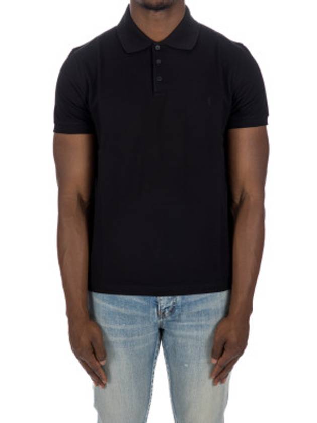 Men's Monogram Cotton Short Sleeve Polo Shirt Black - SAINT LAURENT - BALAAN 7