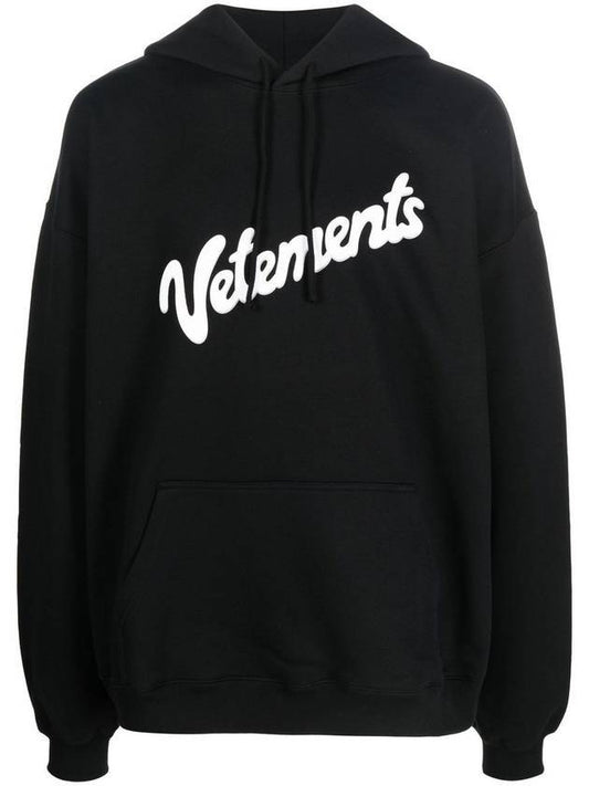 Diagonal Logo Drawstring Hoodie Black - VETEMENTS - BALAAN 1