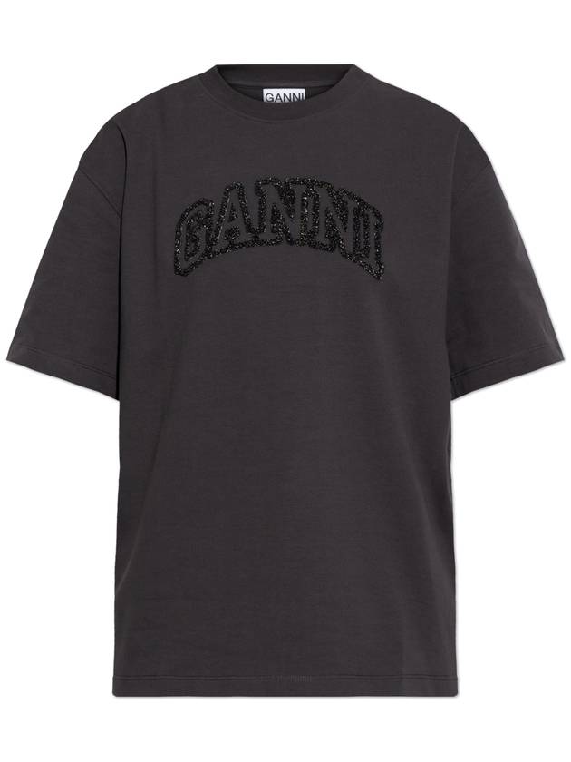 Ganni T-shirt With Logo In Lurex Thread, Women's, Grey - GANNI - BALAAN 1