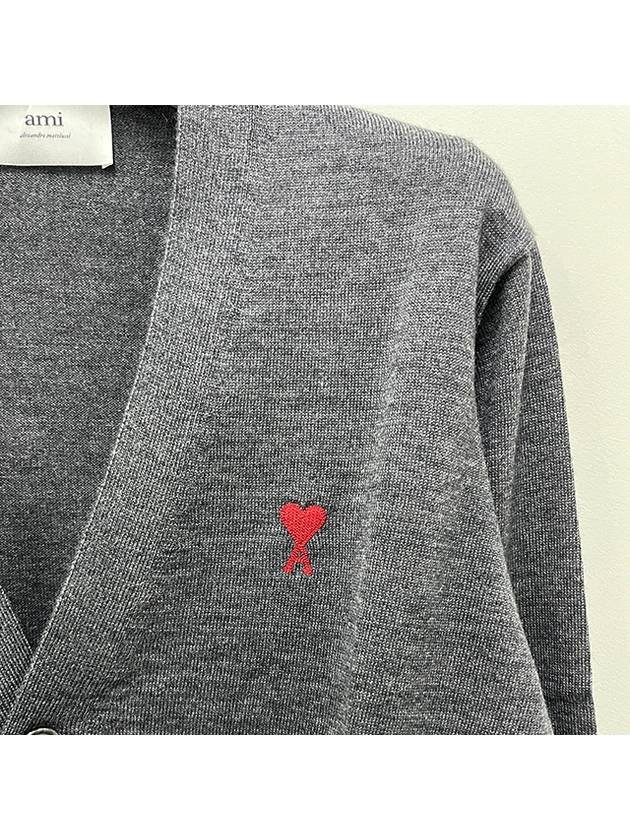 Red Heart Logo Merino Wool Cardigan Heather Grey - AMI - BALAAN 6