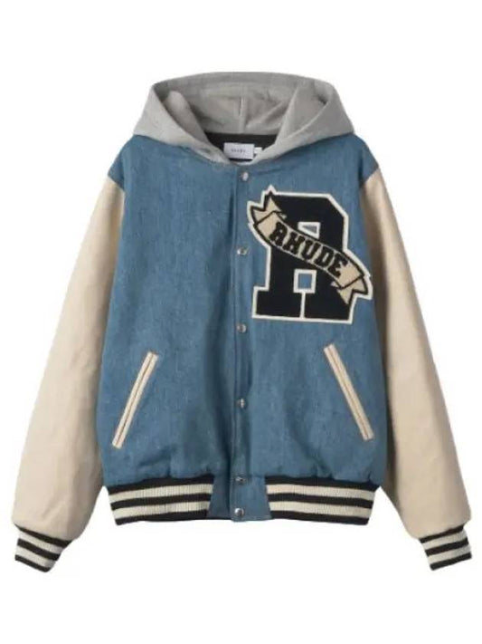 Washed Denim Hooded Varsity Jacket Indigo Cream Jumper - RHUDE - BALAAN 1