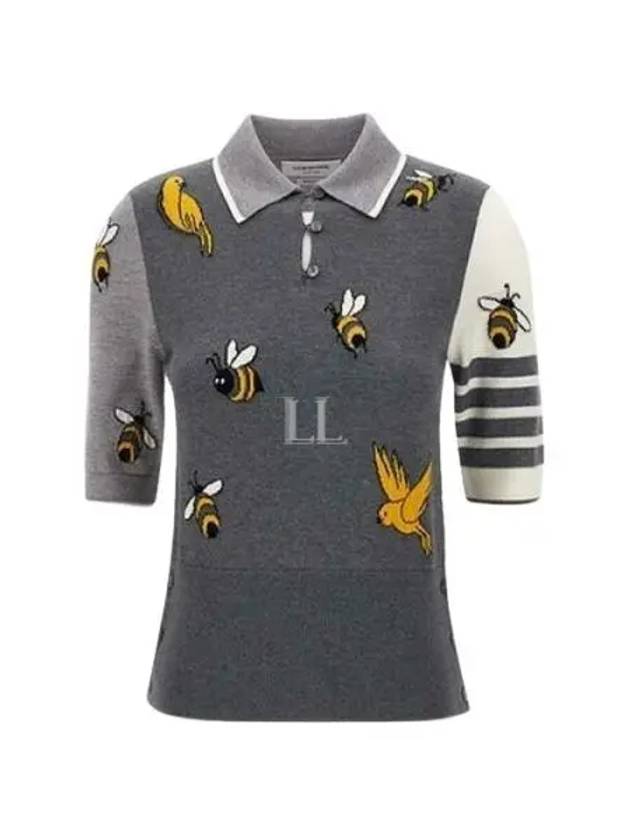 Fun-Mix Cotton Merino Birds and Bees 4-Bar Polo Shirt Tonal Grey - THOM BROWNE - BALAAN 2