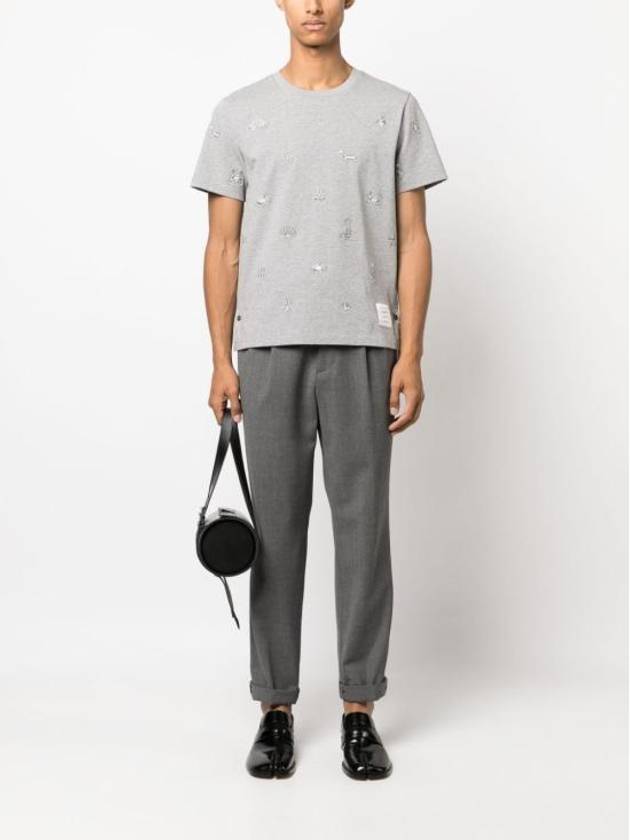 Embroidered Cotton Short Sleeve T-Shirt Grey - THOM BROWNE - BALAAN 3