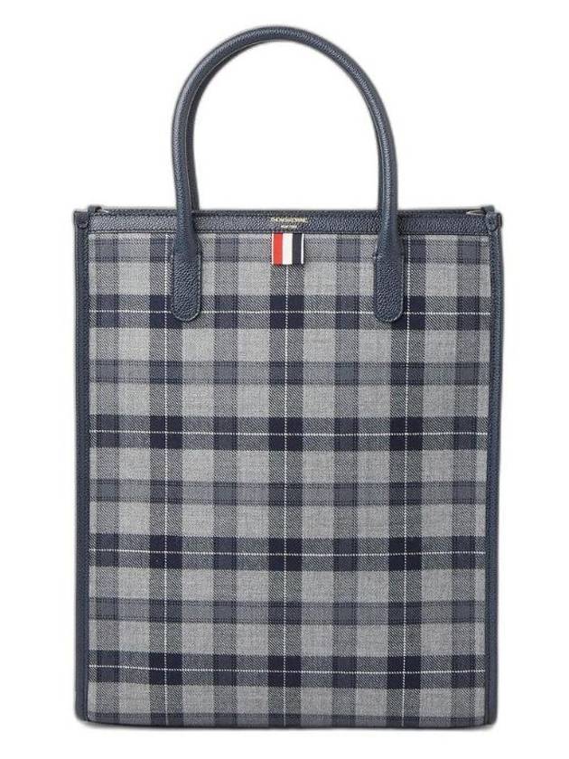 Tartan Wool and Leather Vertical Tote Bag Gray - THOM BROWNE - BALAAN.