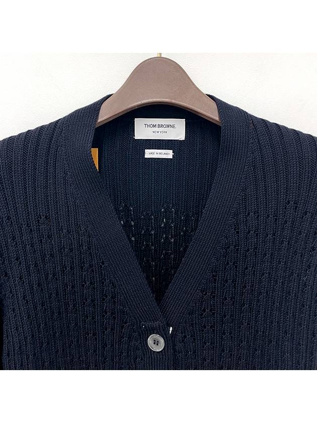 V-Neck Diagonal Pointelle Wool Cardigan Navy - THOM BROWNE - BALAAN 5