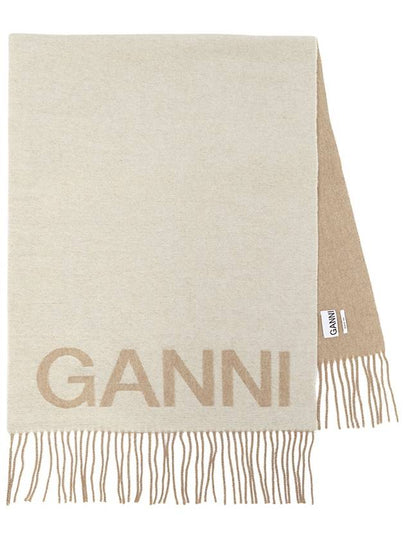 Logo Print Fringe Wool Muffler Beige - GANNI - BALAAN 2